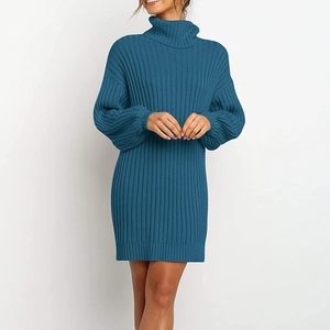 Teal Long Sleeve Ribbed Knit Dress